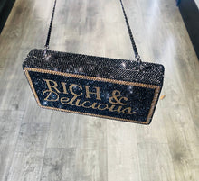 Load image into Gallery viewer, ‘Rich &amp; Delicious’ Black and Gold Rhinestone Clutch