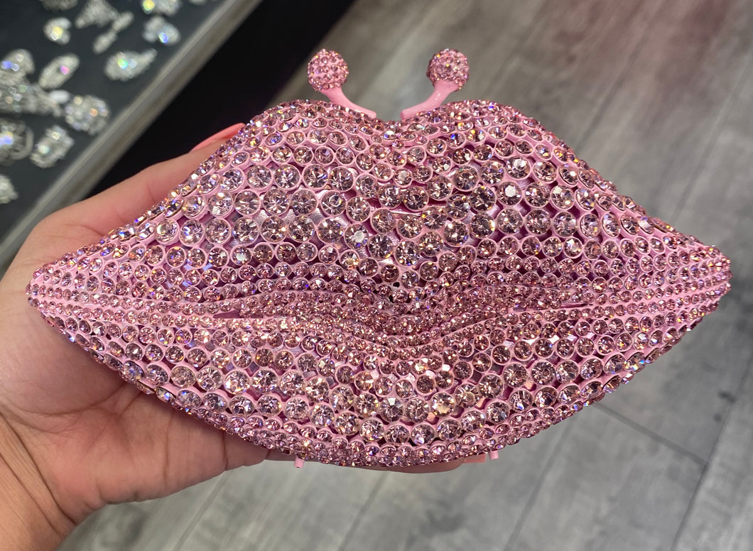 Pink Lip-Shaped Crystal Clutch