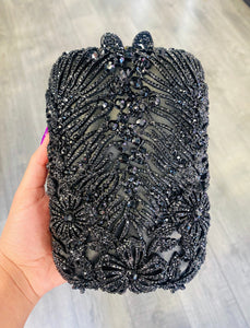 Black Rhinestone Satin Evening Clutch