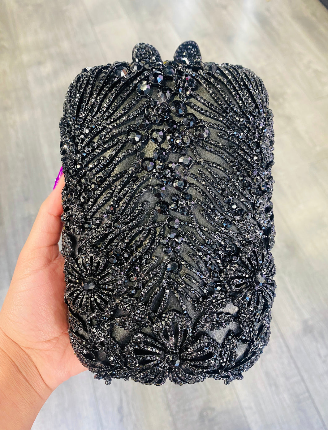 Black Rhinestone Satin Evening Clutch