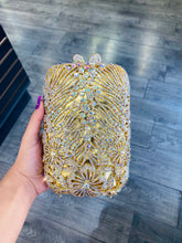 Load image into Gallery viewer, Gold Rhinestone Satin Evening Bag