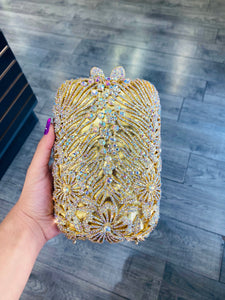 Gold Rhinestone Satin Evening Bag