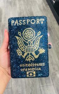 Passport Booklet Clutch in Blue & Gold Rhinestones