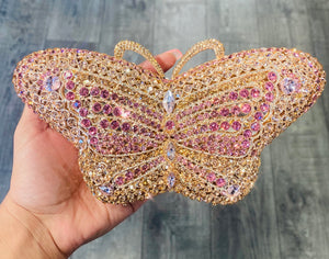 Gold Pink Butterfly Rhinestone Clutch