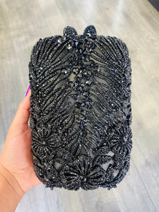 Black Rhinestone Satin Evening Clutch