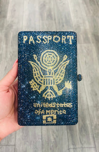 Passport Booklet Clutch in Blue & Gold Rhinestones