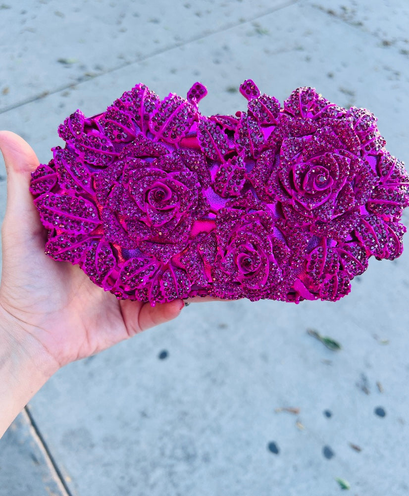 Rose Rhinestone Clutch Magenta