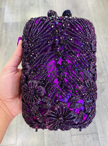 Dark Purple Rhinestone Satin Evening Bag